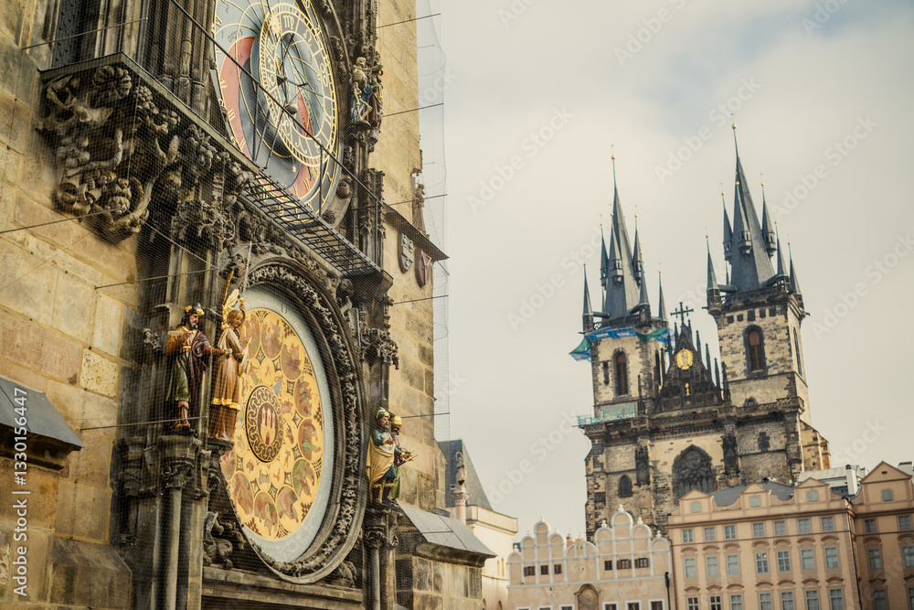 Naklejka premium Big Old Astronomical Clock On A Tower In Prague On A Market Square