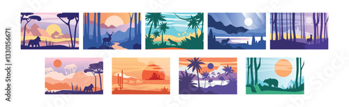 Photography Beautiful Scene of Nature, Peaceful Landscape with Wild Animals Vector Set