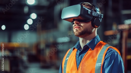 Man in Safety Vest Using Virtual Reality Headset in Industrial Setting