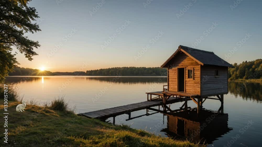 small hut on the edge of the lake in the rays of the setting sun Seamless looping 4k time-lapse animation video background small hut on the edge of the lake in the rays of the setting sun Seamless looping 4k time-lapse animation video background