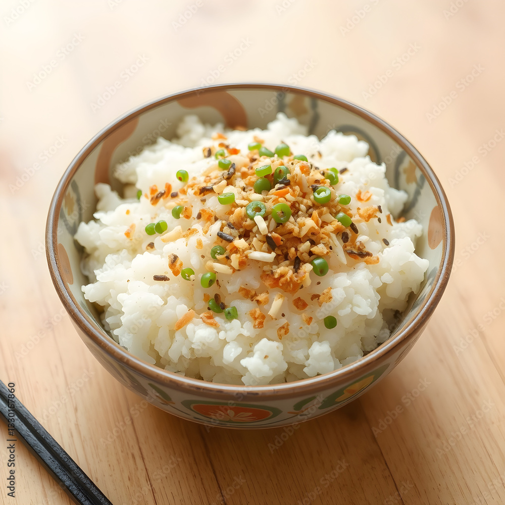 Un colorido plato de arroz blanco,sazonado con furikake Un colorido plato de arroz blanco,sazonado con furikake