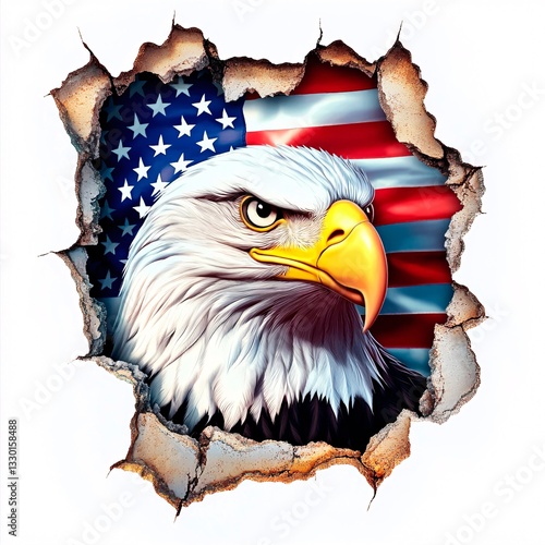 bald eagle head against USA flag background peeking through torn wall, USA flag
