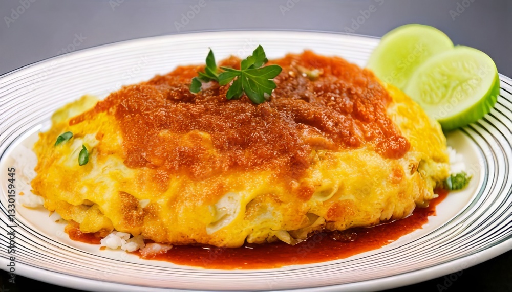 Japanese Omurice with Tomato Sauce Garnished with Parsley on a Striped Plate
Japanese Omurice with Tomato Sauce Garnished with Parsley on a Striped Plate