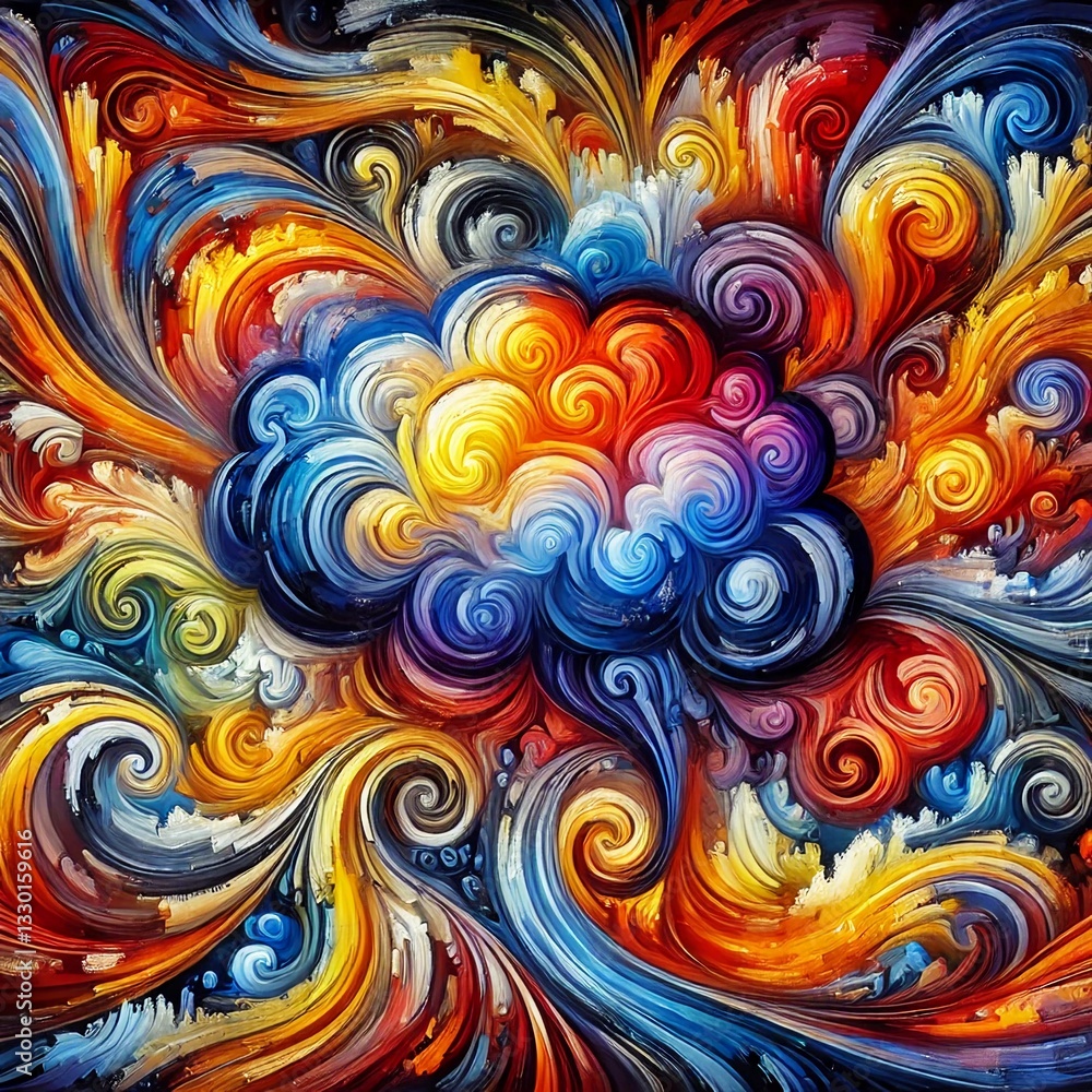 A large, vibrant abstract artwork symbolizing ideas and emotions. Swirling, energetic patterns mix with bold colors like deep blues, fiery reds A large, vibrant abstract artwork symbolizing ideas and emotions. Swirling, energetic patterns mix with bold colors like deep blues, fiery reds