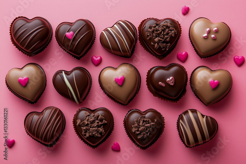 A bunch of chocolate hearts on a soft pink background under even studio lighting.