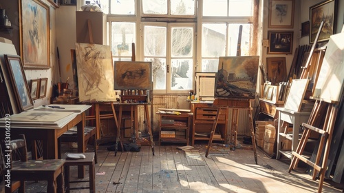 Sunlit Artist's Studio Interior with Easels and Paintings