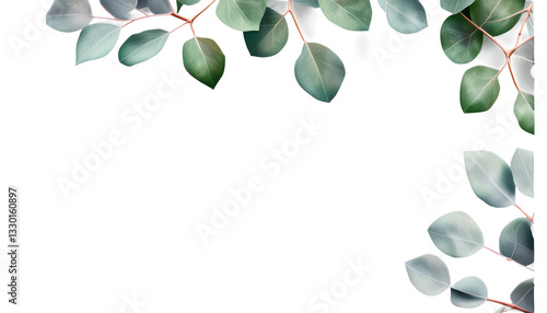 Eucalyptus leaves arranged on a clean white background