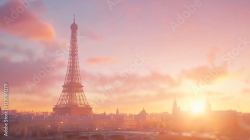 Scenic sunset view, iconic tower silhouette against pastel sky, tranquil atmosphere for travel or inspiration themes.