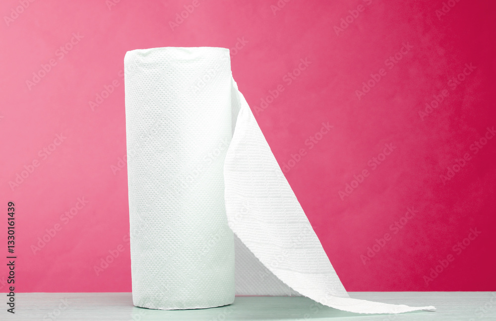 Roll of white paper towels on the table, pink background Roll of white paper towels on the table, pink background