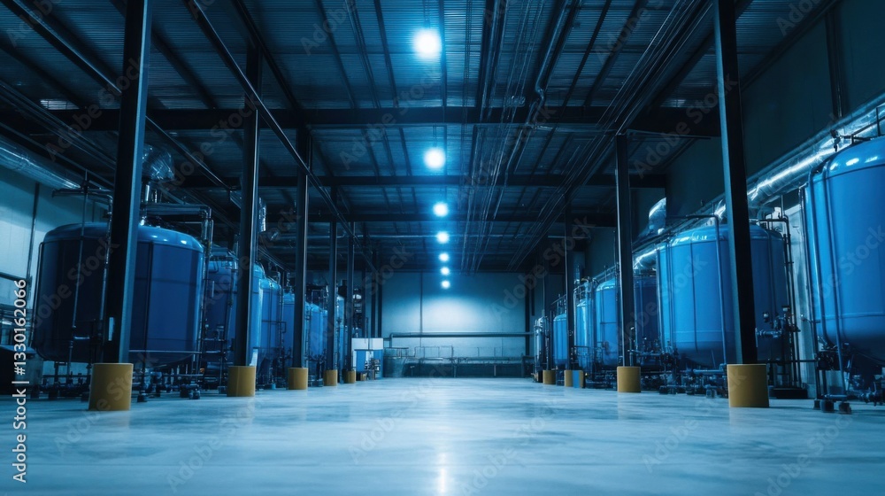 Fototapeta premium Industrial Warehouse Interior with Blue Storage Tanks and Lights