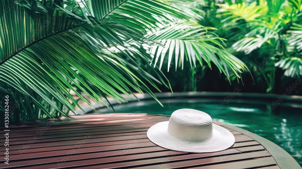 Obraz premium Serene Tropical Getaway: A White Sun Hat by the Poolside
