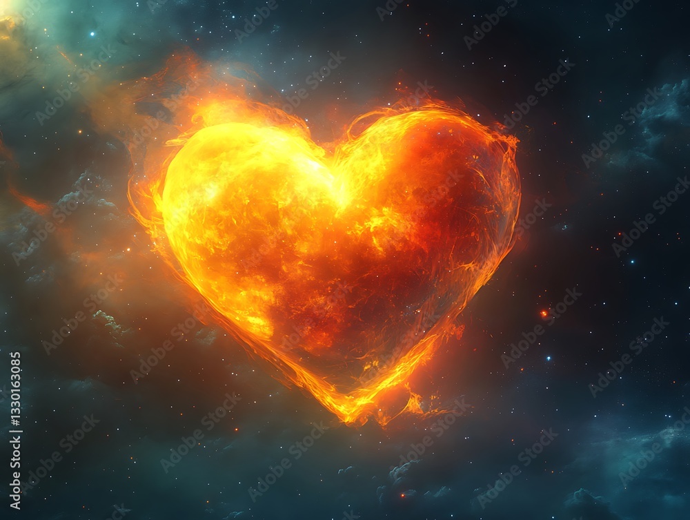 Fiery heart ablaze in cosmic space. Fiery heart ablaze in cosmic space.