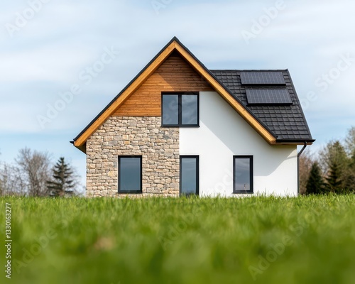 Wallpaper Mural Sustainable rural home with minimalist stone and wood design, energyefficient heating, and solar integration, Sustainable Architecture Minimalist, rural ecoliving Torontodigital.ca