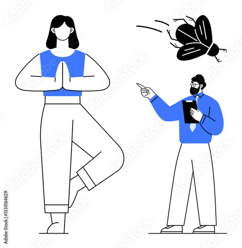 Woman balancing in yoga pose while calm amidst a large flying insect as a man gets distracted pointing at it. Ideal for mindfulness, distraction, focus, inner peace, stress, contrast, balance. Flat