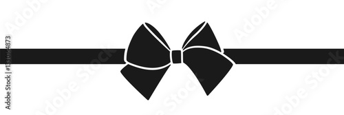 Minimalistic black decorative summer fluffy laconic bow with horizontal ribbon, hand drawn element, negative space, silhouette on transparent background for gift, present, wedding. Flat vector EPS10