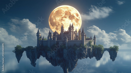 Floating Castle Under Radiant Moonlight