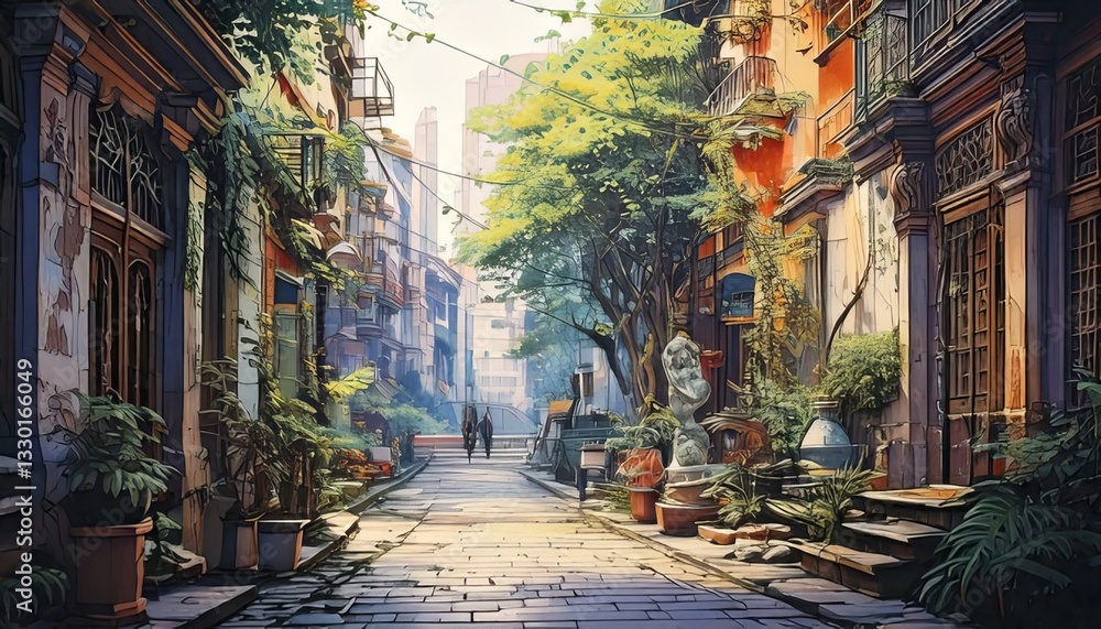 Fototapeta premium A beautifully detailed digital painting of a sunlit alleyway adorned with lush greenery, traditional architecture, and an inviting, peaceful atmosphere.