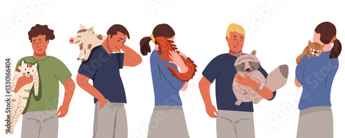 Joyful girls  and guys Characters Bonding With Their Beloved Pets Experiencing the Unconditional love and companionship. Vector hand drawn illustration isolated on white.