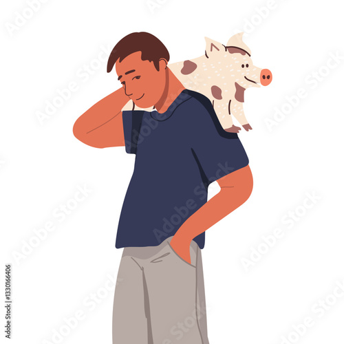 Portrait of adorable pet owner and cute domestic animal. Vector hand drawn illustration isolated on white.