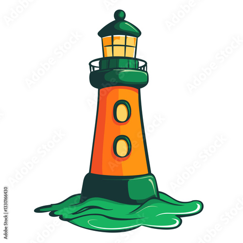 Lighthouse illustration in colorful natural style on stylized waves.
