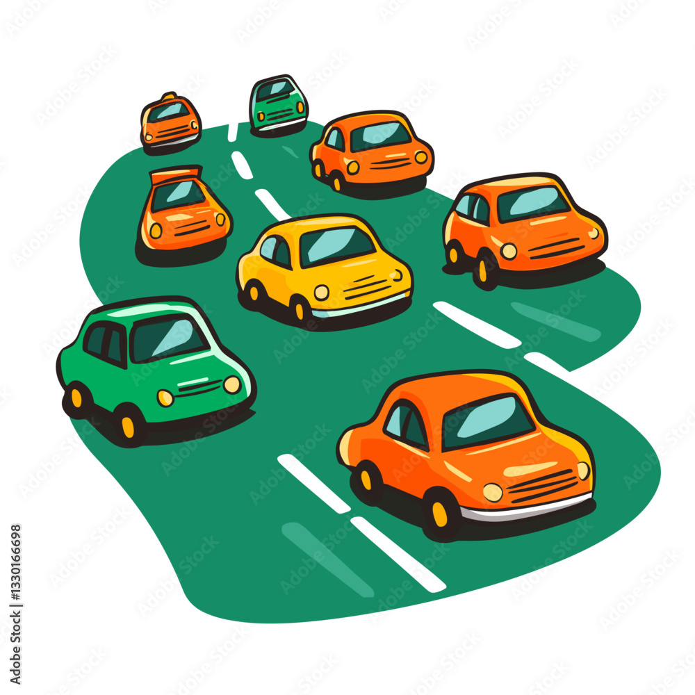 Naklejka premium Cartoon cars on curvy road in colorful style with varied colors.