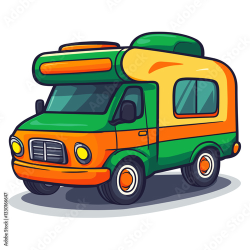 Cartoon depicting colorful camper van in bright colors for travel.
