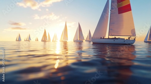 Sailing regatta at sunset, vibrant sailboats gliding on calm waters, serene atmosphere with beautiful reflections, ideal for event promotion.