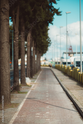 A tree-lined bike lane with a worn red surface runs parallel to a road with parked vehicles and yellow barriers. The perspective leads toward an industrial harbor with cranes