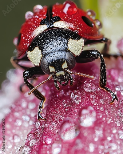 Close-Up of Ladybug on Dewy Flower Petal in Nature's Beauty