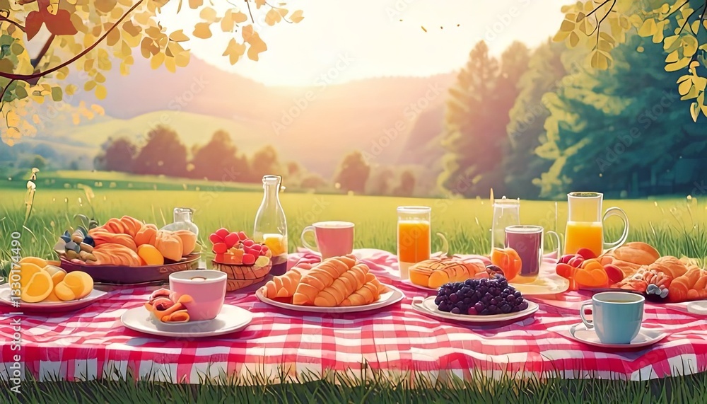 Fototapeta premium Charming Outdoor Picnic with Fresh Breakfast Foods on a Red Checkered Blanket in a Sunny Meadow