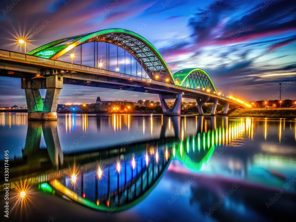 Obraz premium Centennial Bridge Davenport Iowa Night Photography, Low Light, Bridge Photography, Night Scene, Cityscape, River, Mississippi River, Illumination