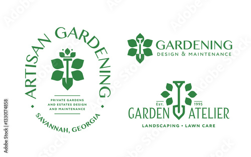 Artisan gardening and landscaping emblems logo badges collection. Graphic symbol combining images of a shovel, leaves, crown in a refined elegant style.