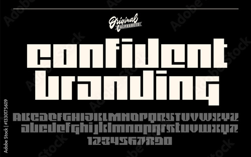 Strong solid ultra original retro alphabet. Bold heavy typeface in rough rugged style. Crisp and sharp font. Stylish thick square decorative typography. Fat impactful geometric lettering.