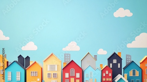Cartoon cityscape illustration with vibrant houses under a whimsical sky