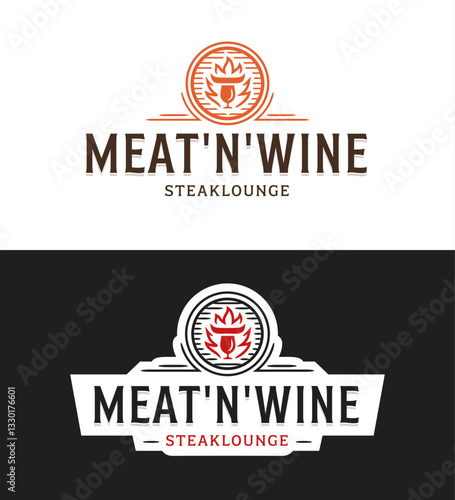 Original Vintage Meat Wine Restaurant Logo Template. Retro Steak House Badge. Meat Fire Wine Glass Horn Barrel Icons. Grill Cafe Bar Emblem. Hand Drawn Woodcut Engraving Style. 