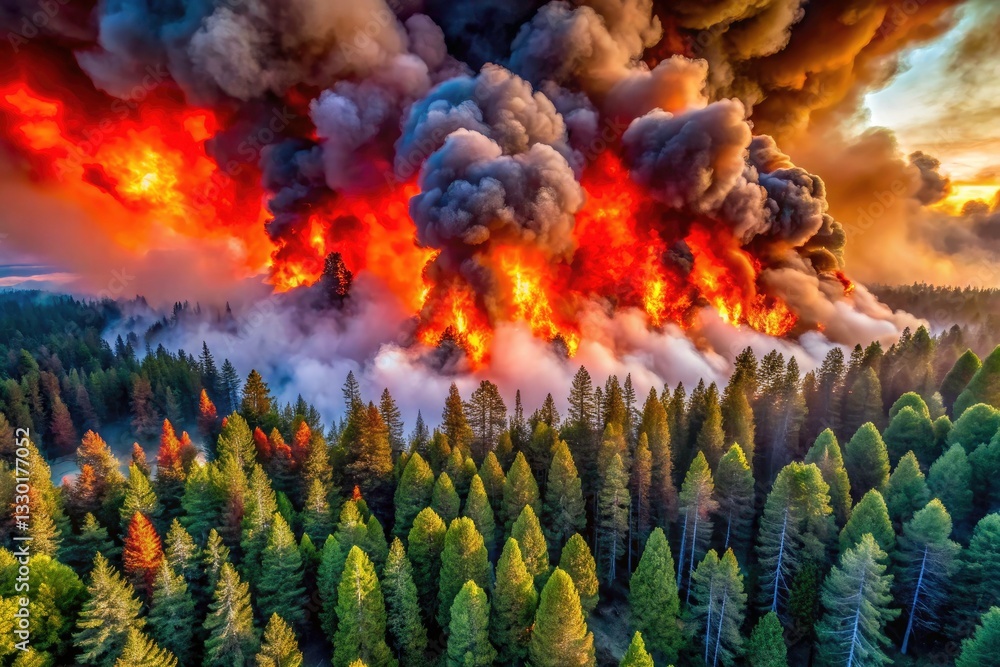 Fototapeta premium Climate Change Wildfire Aerial Photo: Burning Forest, Smoke, Environmental Disaster