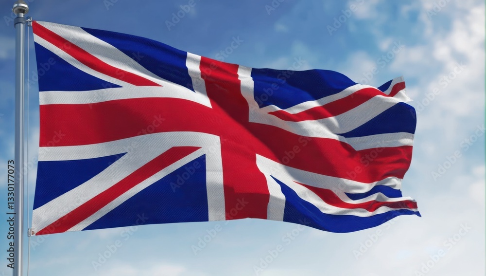 Union jack flag waving in the wind against blue sky scenery for patriotic themes and national celebrations Union jack flag waving in the wind against blue sky scenery for patriotic themes and national celebrations