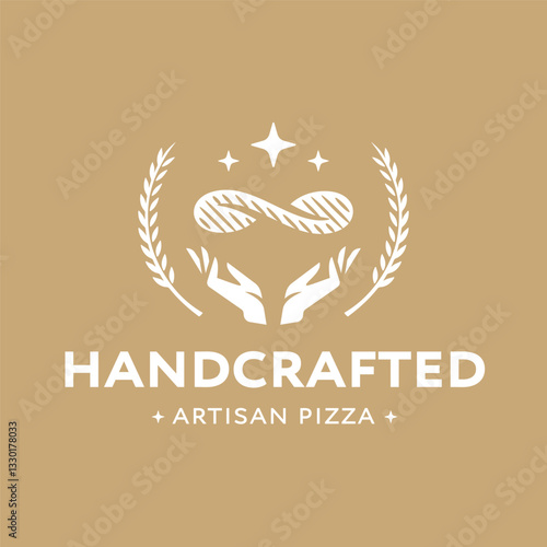 Original Pizza Restaurant Logo Design. Retro Pizzeria Badge. Hand Made Pizza Emblem. Hands Toss Pizza Dough Surrounded by Ears of Wheat Vintage Woodcut Illustration.