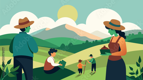 A serene landscape of rolling hills and fields dotted with the silhouettes of elderly farmers tending to their crops and passing on generational knowledge to the next generation.. Vector illustration