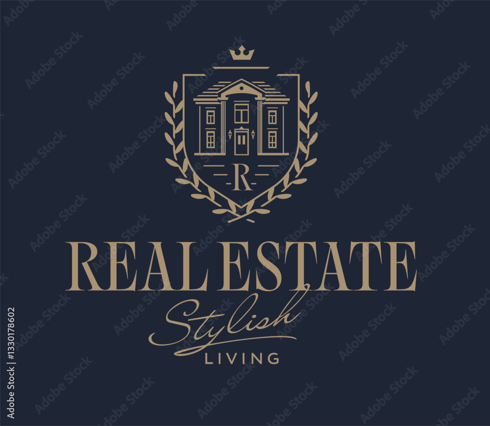 Fototapeta premium Stylish and Elegant Real Estate Logo Template. Luxury Mansion Icon. Premium Golden Royal Heraldic Shield with Laurel Wreath and Crown. Beautiful House in Engraving Style.