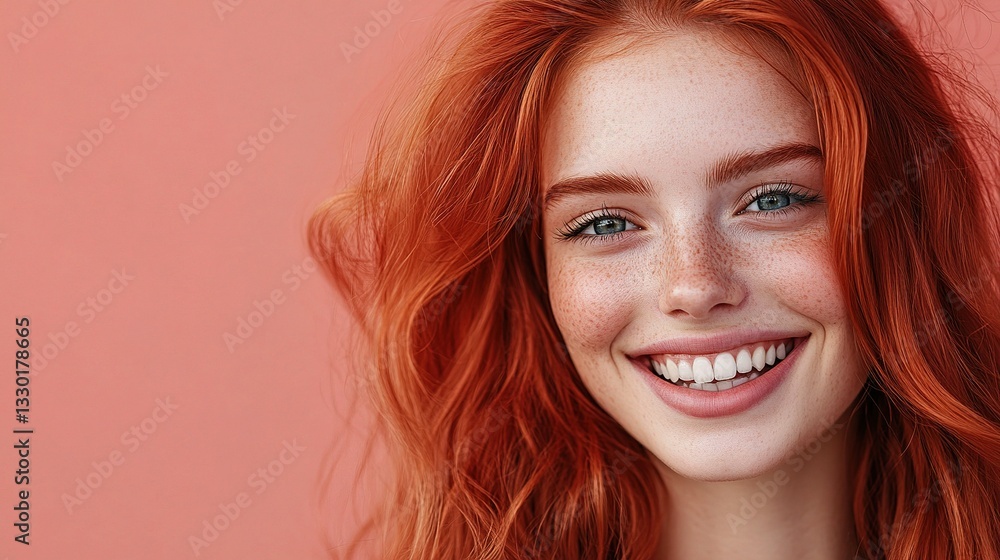Fototapeta premium Cheerful Young Woman with Red Hair Smiling Against a Pink Background
