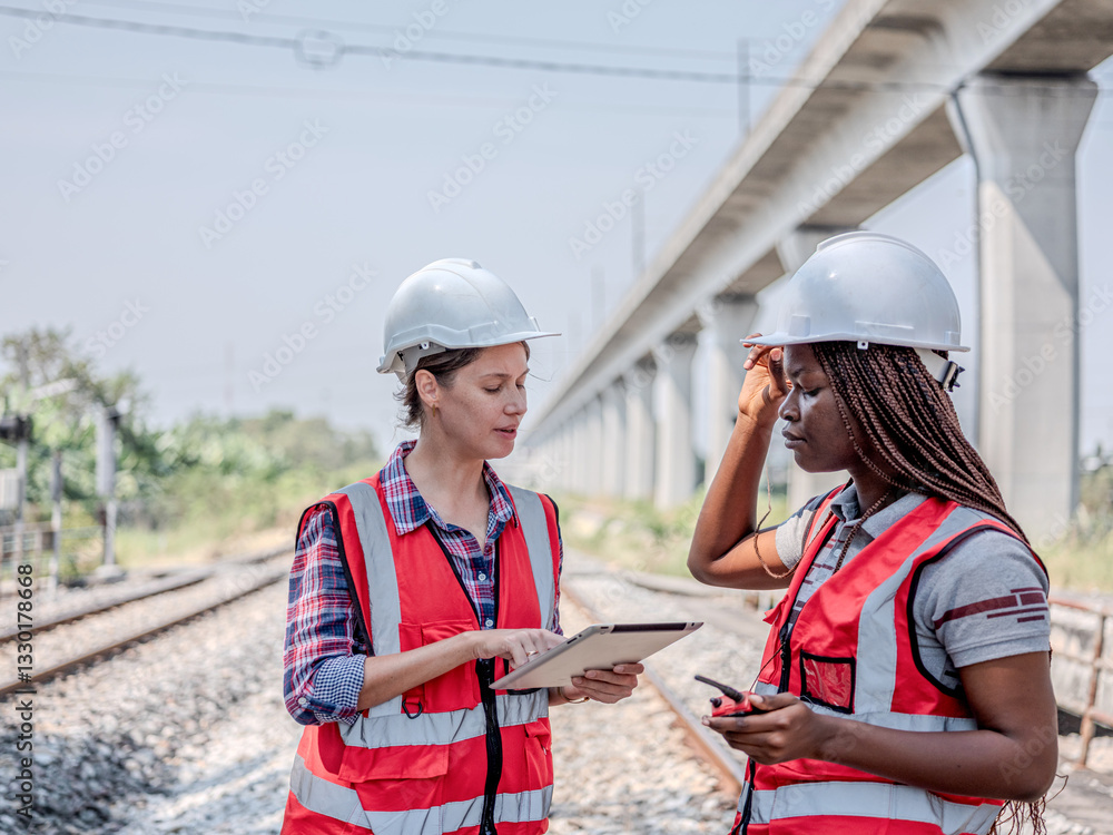 Multi-ethnic female engineers consult while inspecting the operation of the railway station using blueprints with Wookiee Tokki in their work before reporting the problem to the central office.