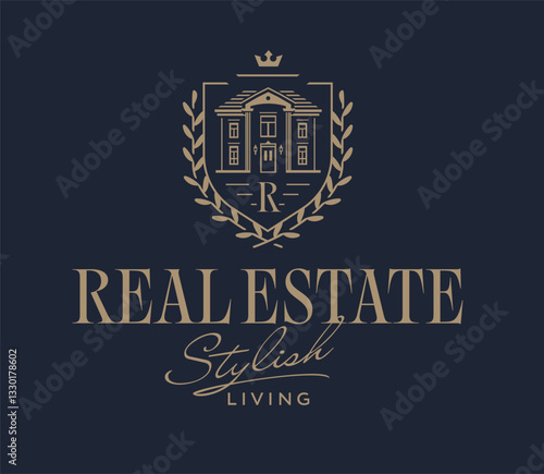Stylish and Elegant Real Estate Logo Template. Luxury Mansion Icon. Premium Golden Royal Heraldic Shield with Laurel Wreath and Crown. Beautiful House in Engraving Style. 