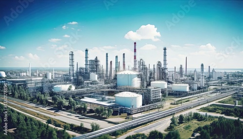 Wallpaper Mural Expansive industrial oil refinery complex with storage tanks and towering chimneys under a clear sky.

 Torontodigital.ca