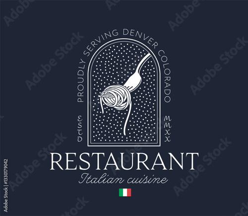 Original Italian Cuisine Restaurant Logo Design. Vintage Premium Luxury Stylish Resto Badge. Classy Spaghetti Emblem. Pasta on a fork Icon. Vintage Line Art Illustration. Luxury Boho Style.