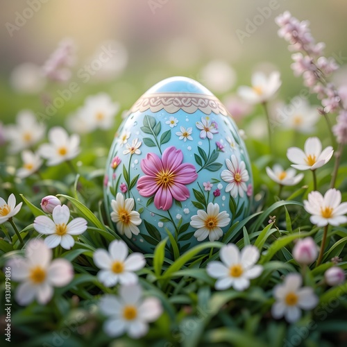 Close-up of a decorated Easter egg resting on a bed of soft grass, surrounded by delicate spring blossoms