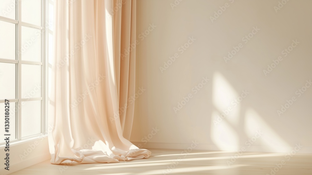 Soft sunlight streams through sheer curtains in a tranquil room during the morning hours Soft sunlight streams through sheer curtains in a tranquil room during the morning hours