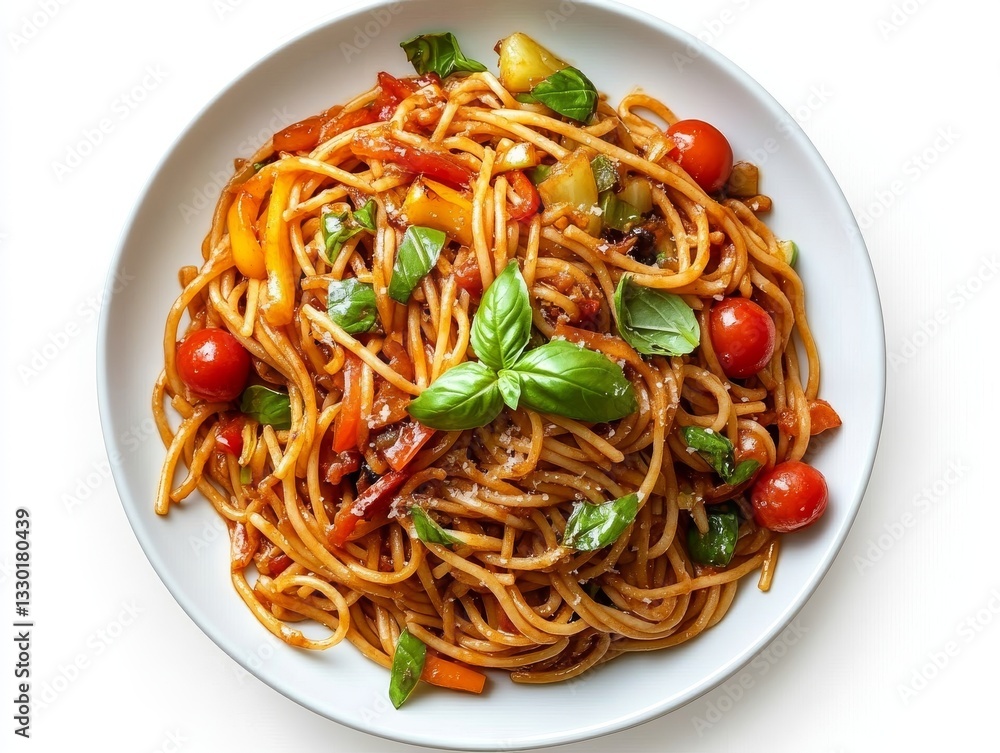 A plate of spaghetti with various vegetables and herbs A plate of spaghetti with various vegetables and herbs