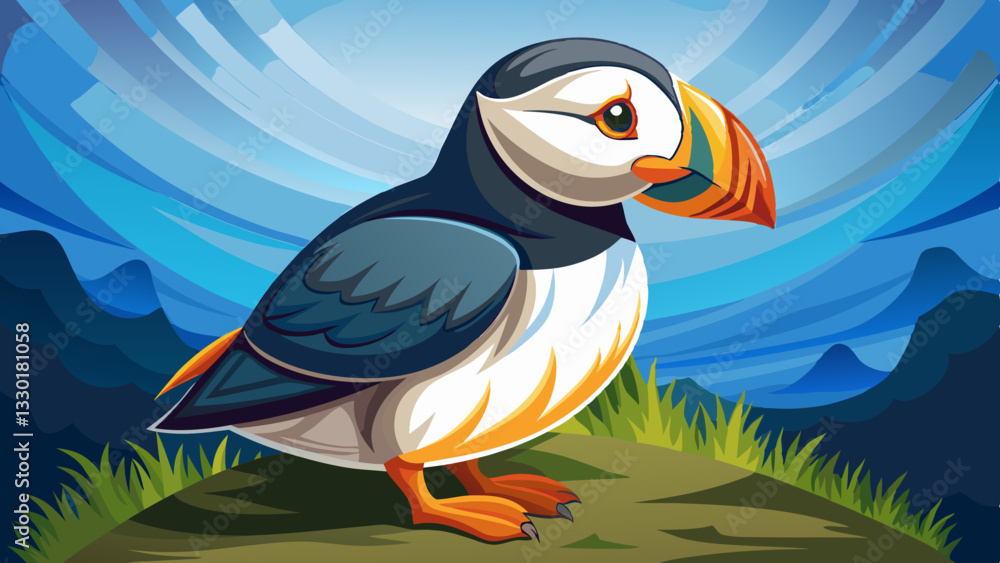 Colorful puffin standing on a grassy cliffside with a vibrant blue sky and distant mountains in the background Colorful puffin standing on a grassy cliffside with a vibrant blue sky and distant mountains in the background