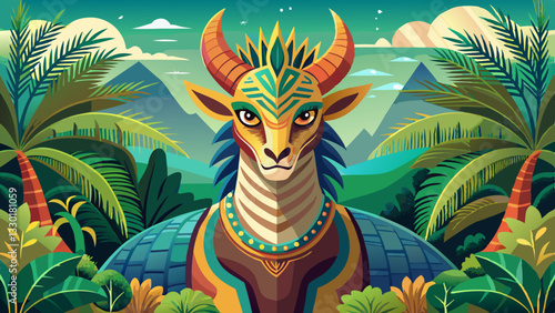 Majestic mythical creature with tribal markings, golden horns, and ornate jewelry, set against a lush tropical jungle with mountains in the background